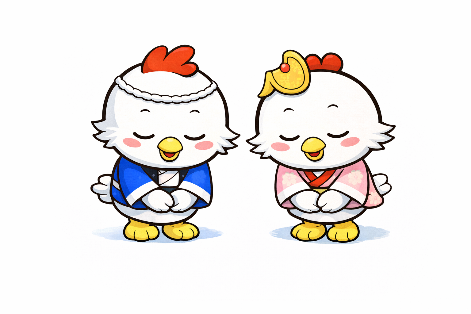 青い衣装のオス、シャーモと、ピンクの衣装のメス、プリマがお辞儀しています